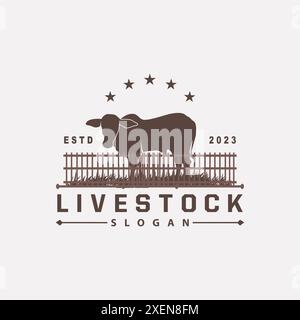 Logo d'élevage, Fram Garden Design, logo de vache badge vectoriel Longhorn Bull Cattle Vintage Label Template Illustration de Vecteur