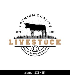 Logo d'élevage, Fram Garden Design, logo de vache badge vectoriel Longhorn Bull Cattle Vintage Label Template Illustration de Vecteur