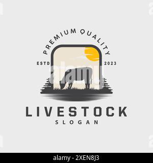 Logo d'élevage, Fram Garden Design, logo de vache badge vectoriel Longhorn Bull Cattle Vintage Label Template Illustration de Vecteur