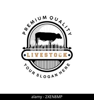 Logo d'élevage, Fram Garden Design, logo de vache badge vectoriel Longhorn Bull Cattle Vintage Label Template Illustration de Vecteur