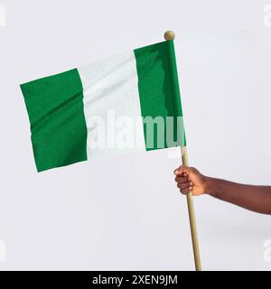 Main africaine noire tendue tenant le drapeau national nigérian isolé sur fond blanc, protestation, ondulation, poing, liberté Banque D'Images