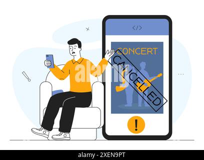 Homme avec concert annulé. Jeune homme avec smartphone près de l'affiche avec saxophone. Annulation d'événements et spectacles publics culturels, événements. Plat linéaire Illustration de Vecteur