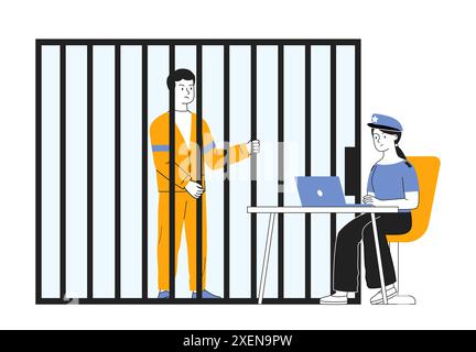 Concept de voleur arrêté. L'homme en robe de prison est assis derrière les barreaux. Garde de police avec prisonnier. Criminel en prison en état d'arrestation. Vecteur plat linéaire Illustration de Vecteur