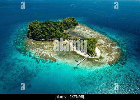 Belle île de Bolilanga avec station balnéaire dans les îles Togéennes d'Indonésie, avec du sable blanc et de l'eau turquoise de l'océan Banque D'Images