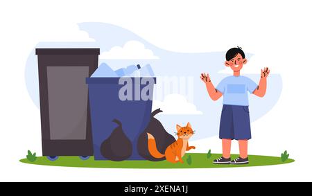 Garçon trouver chat. Adolescent se tient près des poubelles avec animal de compagnie. Un écolier a trouvé un chaton perdu. Générosité et gentillesse. L'enfant sauve l'animal errant. Dessin animé plat Illustration de Vecteur