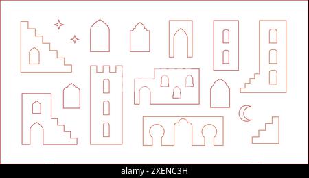 Ligne arabe anciens bâtiments de la ville, maisons, arches. Simple contour vecteur médina, étoile, formes de croissant. Illustration de Vecteur