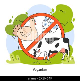 Journée mondiale vegan. Allez vegan. Animaux de ferme avec signe croisé. Régime sans viande à base de plantes sans cruauté avec nutrition et vitamines. Illustration vectorielle plate Illustration de Vecteur