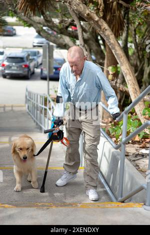 Homme paraplégique grimpe les marches avec une main courante, une béquille d'avant-bras et un chien d'assistance ; Boynton Beach, Floride, États-Unis d'Amérique Banque D'Images