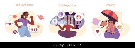 Ensemble d'intelligence émotionnelle. Divers jeunes personnages douces compétences sociales. Confiance et empathie pour la communication interpersonnelle. Autorégulation et sensibilisation. Illustration vectorielle plate Illustration de Vecteur
