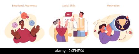 Ensemble d'intelligence émotionnelle. Divers jeunes personnages douces compétences sociales. Confiance et empathie pour la communication interpersonnelle. Autorégulation et sensibilisation. Illustration vectorielle plate Illustration de Vecteur