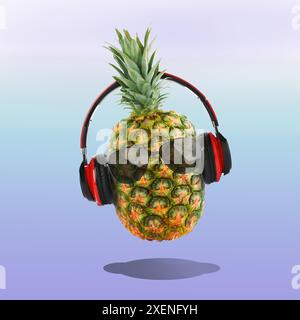 Ambiance estivale. Ananas avec lunettes de soleil et écouteurs sur fond dégradé de couleurs. Circulaire de fête ou autre article saisonnier Banque D'Images