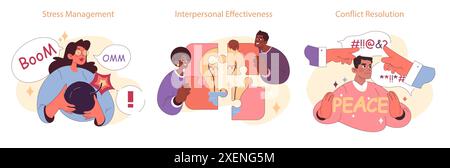 Ensemble d'intelligence émotionnelle. Divers jeunes personnages douces compétences sociales. Confiance et empathie pour la communication interpersonnelle. Autorégulation et sensibilisation. Illustration vectorielle plate Illustration de Vecteur