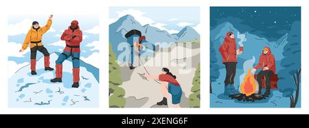 Ensemble d'alpinisme. Alpinistes avec des sacs à dos pendant l'aventure nature. Les gens grimpent un mur de roche, assis près d'un feu de camp et la randonnée dans les collines. Illustration vectorielle plate Illustration de Vecteur