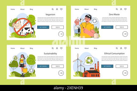 Bannière Web ou ensemble de pages de destination Sustainable Living. Régime biologique végétalien et sans cruauté. Droits des animaux. Nutrition biologique à base de plantes. Consommation éthique et zéro déchet. Illustration vectorielle plate Illustration de Vecteur