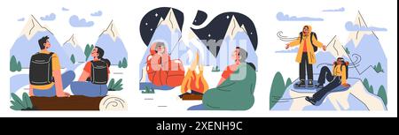 Ensemble d'alpinisme. Alpinistes avec des sacs à dos pendant l'aventure nature. Les gens grimpent un mur de roche, assis près d'un feu de camp et la randonnée dans les collines. Illustration vectorielle plate Illustration de Vecteur