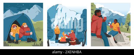 Ensemble d'alpinisme. Alpinistes avec des sacs à dos pendant l'aventure nature. Les gens grimpent un mur de roche, assis près d'un feu de camp et la randonnée dans les collines. Illustration vectorielle plate Illustration de Vecteur