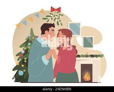 Fête de Noël. Membres joyeux de la famille, couple s'embrassant sous la branche de gui lors de la soirée festive. Les gens passent du temps ensemble pendant les vacances d'hiver. Tradition festive. Illustration vectorielle plate Illustration de Vecteur