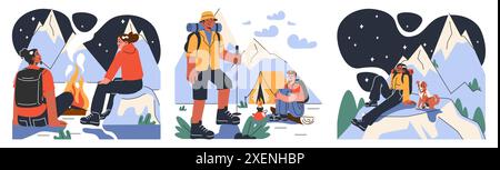 Ensemble d'alpinisme. Alpinistes avec des sacs à dos pendant l'aventure nature. Les gens grimpent un mur de roche, assis près d'un feu de camp et la randonnée dans les collines. Illustration vectorielle plate Illustration de Vecteur