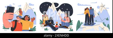 Ensemble d'alpinisme. Alpinistes avec des sacs à dos pendant l'aventure nature. Les gens grimpent un mur de roche, assis près d'un feu de camp et la randonnée dans les collines. Illustration vectorielle plate Illustration de Vecteur
