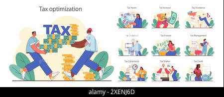 Ensemble d'optimisation fiscale. Efficacité financière, budgétisation et idée d'économie. Déduction et remboursement des taxes. Illustration vectorielle plate Illustration de Vecteur