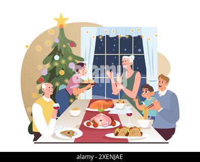 Les personnages célèbrent noël et le nouvel an. Membres de la famille, maman, papa, enfant et grands-parents à la table à manger sur les vacances d'hiver. Grande famille ayant un repas traditionnel festif. Illustration vectorielle plate Illustration de Vecteur