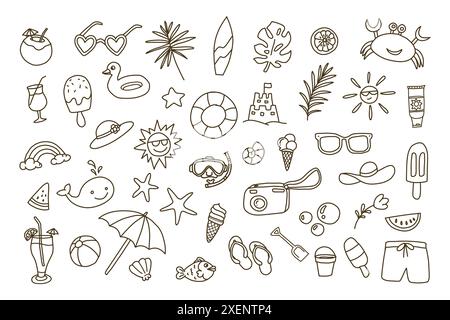 Motif doodle sur le thème de la plage et de l'été. Les images comprennent des objets tels que des lunettes de soleil, des parasols et des ballons de plage. Illustration de Vecteur