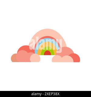 Icône arc-en-ciel géométrique avec des couleurs pastel douces et des nuages arrondis, idéal pour les anniversaires et les thèmes festifs. Le design présente des formes simples dans un style fantaisiste sur un fond blanc... Illustration de Vecteur