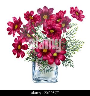 Vase en verre vintage clair avec un bouquet de fleurs cosmos rouges et violettes. Illustration aquarelle pour les modèles de conception de la fête des mères, Valentine's Da Banque D'Images