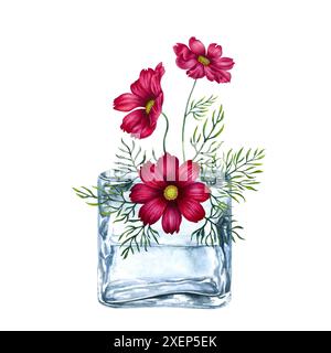 Vase en verre vintage clair avec un bouquet de fleurs cosmos rouges et violettes. Illustration aquarelle pour les modèles de conception de la fête des mères, Valentine's Da Banque D'Images