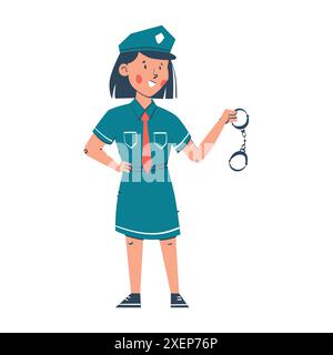 Jeune femme de police souriante tenant des menottes illustration de personnage. Inspirer une carrière future pour les enfants Illustration de Vecteur