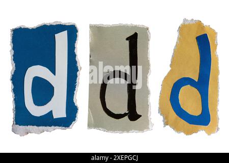 Alphabet d ou P déchiré d'un papier magazine sur fond blanc avec chemin de détourage. Lettres de style note de rançon. Banque D'Images