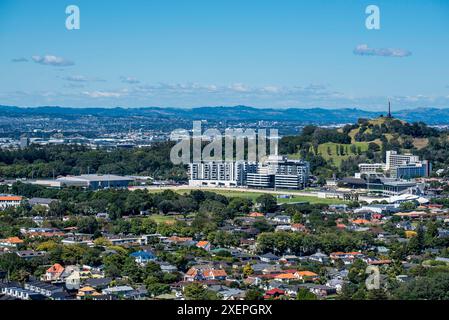 Vue depuis le Mont Eden, l'hippodrome Alexandra Park et les immeubles d'appartements nouvellement construits donnant sur la piste à Auckland, Nouvelle-Zélande Banque D'Images