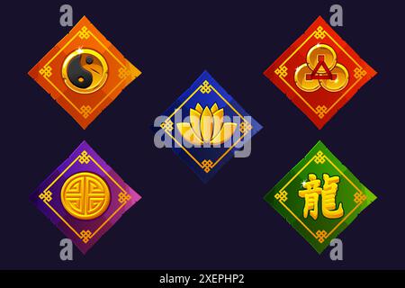 Papiers colorés avec des icônes chinoises. Bannière, cadre ou modèle pour les icônes. Icônes de style chinois pour les jeux 2D et Casino ou machines à sous. Illustration de Vecteur