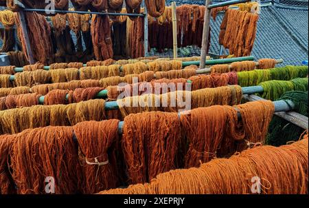 (240629) -- PÉKIN, 29 juin 2024 (Xinhua) -- cette photo non datée montre des matériaux teints avec des herbes chinoises et des médicaments pour la fabrication de tapis de palais à l'usine de Ji Yu dans la province du Henan en Chine centrale. Le tapis du palais de Pékin est un magnifique exemple des techniques traditionnelles de tissage de tapis de Chine. Connu pour ses processus de production complexes et ses beaux motifs, le tapis du palais représente le summum de l'art du tissage chinois. La production comprend quatre étapes principales : teinture avec des herbes traditionnelles chinoises, création de patrons, tissage et façonnage, et enfin, finitions. Comme l'un des Banque D'Images