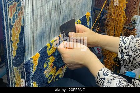 (240629) -- PÉKIN, 29 juin 2024 (Xinhua) -- cette photo non datée montre Ji Yu tissant un tapis de palais dans son usine dans la province du Henan, en Chine centrale. Le tapis du palais de Pékin est un magnifique exemple des techniques traditionnelles de tissage de tapis de Chine. Connu pour ses processus de production complexes et ses beaux motifs, le tapis du palais représente le summum de l'art du tissage chinois. La production comprend quatre étapes principales : teinture avec des herbes traditionnelles chinoises, création de patrons, tissage et façonnage, et enfin, finitions. Comme l'un des huit artisanats impériaux de Pékin, l'art de PA Banque D'Images