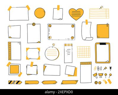 Notes en papier Doodle définies en jaune. Feuilles de papier, autocollants, blocs-notes et épingles. Pour liste des tâches et mémo. Illustration vectorielle Illustration de Vecteur