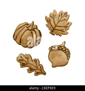 Feuilles d'automne, biscuits à la citrouille et aux glands. Croûte feuillue pour Thanksgiving Pumpkin Pie. Illustration alimentaire aquarelle peinte à la main isolée sur backgr blanc Banque D'Images