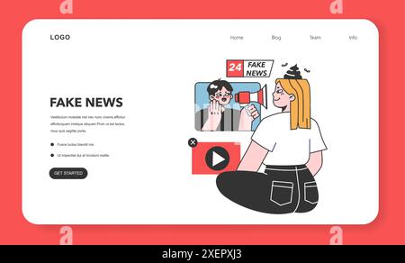 Bannière Web ou page d'accueil de fausses nouvelles. Manipulation et contrôle sur l'esprit des gens. Médias influençant et manipulant le caractère. Propagande, canulars et faux internet. Illustration vectorielle plate Illustration de Vecteur