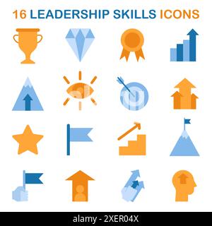 Icônes de leadership définies. Images simples pour les compétences générales et les qualités professionnelles des cadres supérieurs. Symboles du coaching, de la motivation et de l'amélioration de l'efficacité du personnel. Illustration vectorielle plate Illustration de Vecteur