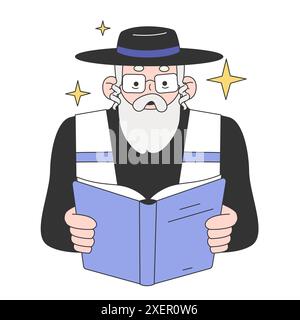 Hanukkah célébrant dans une synagogue. Rabbin senior avec une barbe lit une prière. Vieil homme juif lisant un livre. Rassemblement les jours fériés religieux. Illustration vectorielle plate Illustration de Vecteur