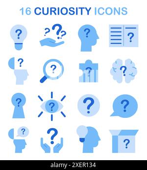 Icônes de curiosité définies. Des images simples pour la curiosité et l'ouverture aux idées et concepts nouveaux. Symbole de qualité psychologique ou de soft skills, volonté de découvrir et d'étudier. Illustration vectorielle plate Illustration de Vecteur