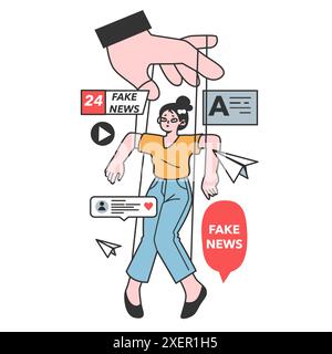 Fausses nouvelles. Manipulation et contrôle sur l'esprit des gens. Médias influençant et manipulant le caractère. Propagande, canulars et faux internet. Illustration vectorielle plate Illustration de Vecteur