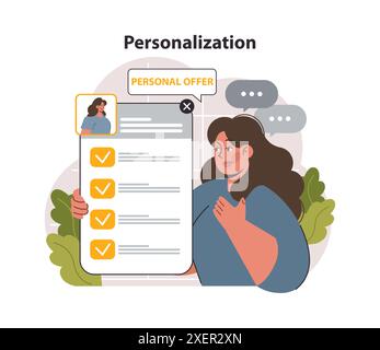 Personnalisation. Personnalisation du logiciel d'expérience client. Interactions sur les médias sociaux, contenu et moteur d'offres. Développement du marketing numérique, élaboration de stratégies. Illustration vectorielle plate Illustration de Vecteur