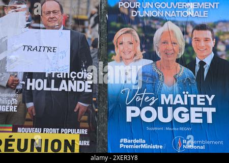 Corrèze, France. 28 juin 2024. François Hollande a qualifié de « traître ». L’ancien Président de la République française est candidat aux élections législatives des 30 juin et 7 juillet 2024 en Corrèze. Ici, sur son affiche électorale, le qualificatif « traître » a été ajouté. François Hollande fait partie de la coalition électorale « Nouveau Front populaire ». Corrèze, Limousin, France, Europe. Crédit : photo de HM images/Alamy Live News. Banque D'Images