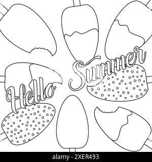 Page de coloriage Hello Summer amusante et ludique présentant diverses friandises à la crème glacée. Parfait pour les enfants et les activités estivales. Illustration de Vecteur