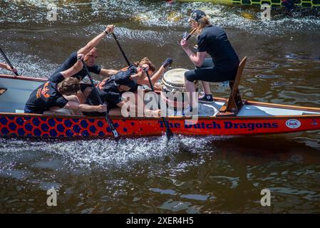 29. 06. 2024 : Leyde, pays-Bas, COURSES traditionnelles DE BATEAUX-DRAGONS ROUGES dans le canal de Leyde, les équipes d'aviron s'affrontent dans les longs bateaux Banque D'Images