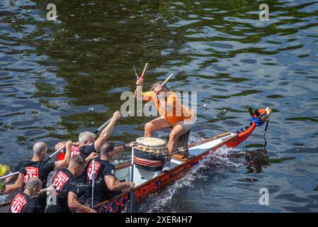 29. 06. 2024 : Leyde, pays-Bas, COURSES traditionnelles DE BATEAUX-DRAGONS ROUGES dans le canal de Leyde, les équipes d'aviron s'affrontent dans les longs bateaux Banque D'Images