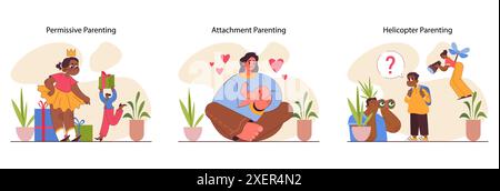 Styles parentaux définis. Les différentes méthodes d'éducation des enfants. Approche autoritaire, autoritaire, permissive et non impliquée. Éducation et éducation des enfants. Illustration vectorielle plate Illustration de Vecteur