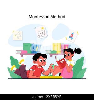 L'éducation de la petite enfance avec la méthode montessori. Autodirigé, apprentissage pratique et jeu collaboratif. Fille et garçon d'âge préscolaire apprenant et jouant ensemble. Illustration vectorielle plate Illustration de Vecteur