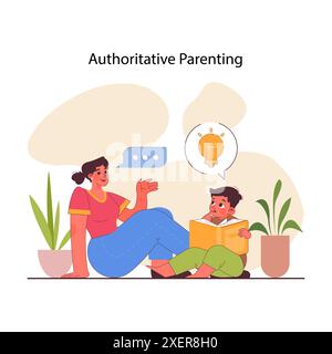 La parentalité autoritaire. Méthode d'éducation des enfants, éducation des enfants et éducation en expliquant les règles, en discutant et en raisonnant. Maman de soutien encourager un garçon à lire un livre. Illustration vectorielle plate Illustration de Vecteur
